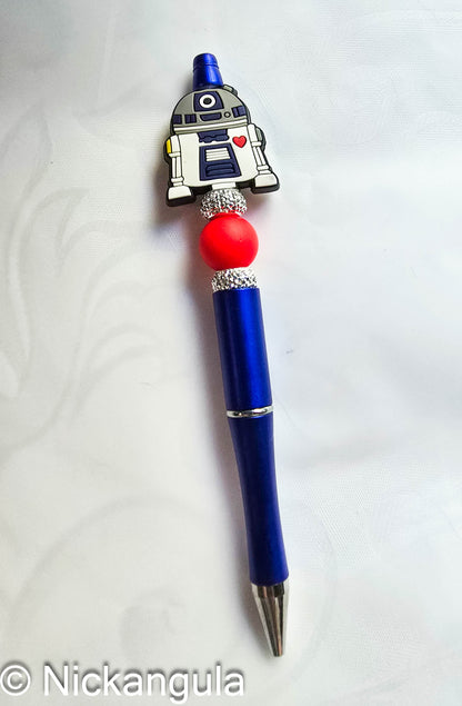 R2-D2 Inspired Beaded Ballpoint Pen - Star Wars Inspired Artoo Detoo Fan Gift - Black Ink - Refillable