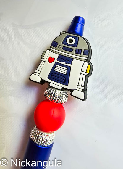 R2-D2 Inspired Beaded Ballpoint Pen - Star Wars Inspired Artoo Detoo Fan Gift - Black Ink - Refillable