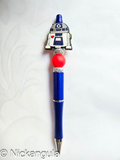 R2-D2 Inspired Beaded Ballpoint Pen - Star Wars Inspired Artoo Detoo Fan Gift - Black Ink - Refillable