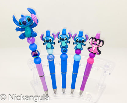 Stitch or Angel Beaded Ballpoint Pens - Cartoon Inspired Character Beadable Pen - Silicone and Acrylic Beads Plastic Pen - Stocking Stuffer