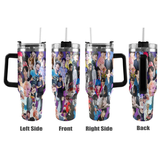 Purple BTS Collage 40 oz Tumbler w/ Handle - Insulated - Hot or Cold - Water Coffee - Travel Mug - Durable Stainless Steel - Straw Included