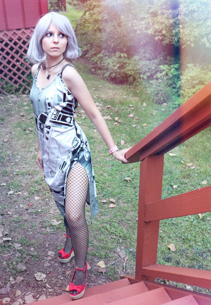 Droid Line R2-D2 & Friends Black and White V-Neck Slip Dress - Star Wars Inspired Women's Fashion - Sleeveless - Spaghetti Strap - Geek Girl