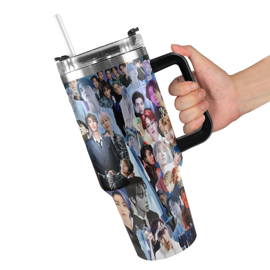 Gray BTS Collage 40 oz Tumbler w/ Handle - Insulated - Hot or Cold - Water Coffee - Travel Mug - Durable Stainless Steel - Straw Included
