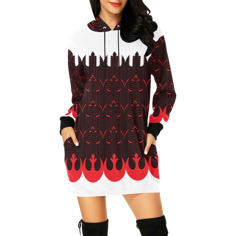 Rebel Starbird Allover Print Women's Pullover Hoodie Mini Dress- Star Wars Inspired Hooded Sweatshirt -Rebels Symbol - Rebellion Fashion