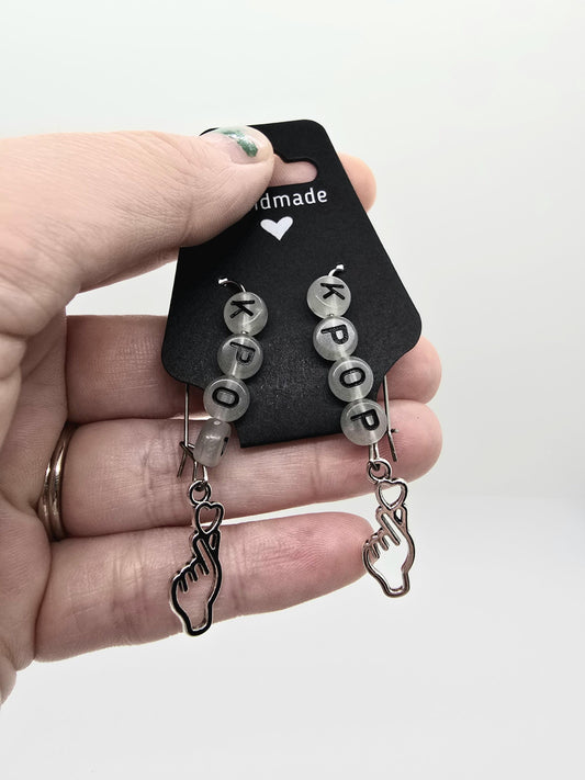 Glow in the Dark K-Pop Letter Beads and K-Pop Finger Heart Dangle Earrings - Drop Earrings