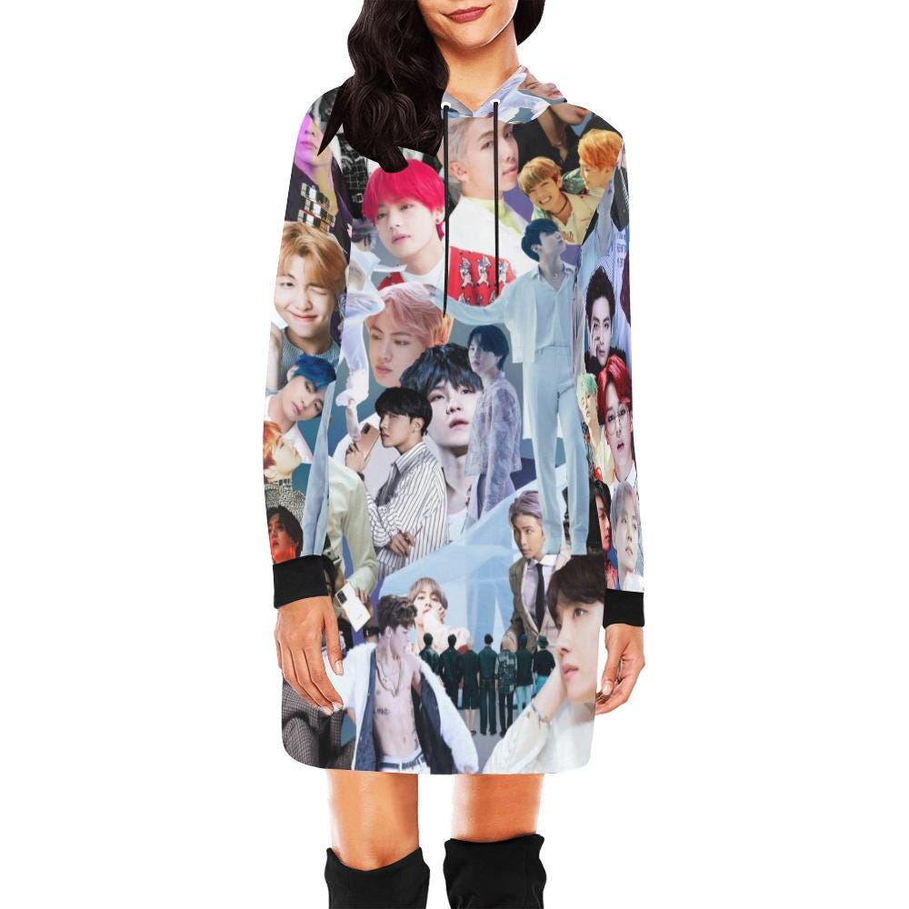 BTS Gray Collage Allover Print Women's Pullover Hoodie Mini Dress- K-Pop Inspired Hooded Sweatshirt - Jin Jungkook V J-Hope RM Jimin Suga