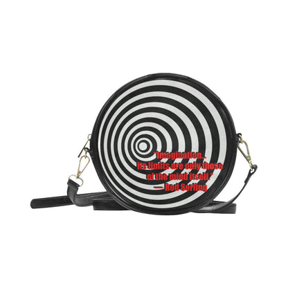 Rod Serling Imagination Quote Round Sling Bag - PU Leather Purse - Shoulder Strap Purse - The Twilight Zone Inspired - Black White Red