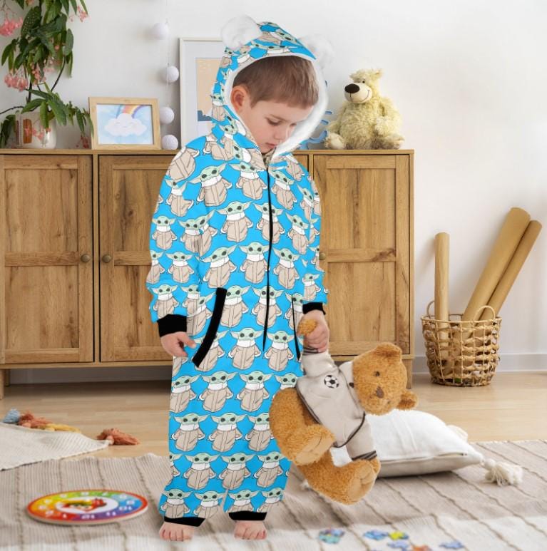 The Child on Blue Print Hooded Onesie Pajamas For Little Kids w/ Ears - Star Wars Grogu Baby Yoda Inspired Children's Sleepwear - PJ's