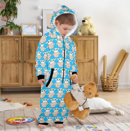 The Child on Blue Print Hooded Onesie Pajamas For Little Kids w/ Ears - Star Wars Grogu Baby Yoda Inspired Children's Sleepwear - PJ's