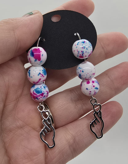 3 Options - K-Pop Finger Heart Dangle Earrings w/ Beaded Loop Earring Hooks - Drop Earrings - Purple Pink Blue White