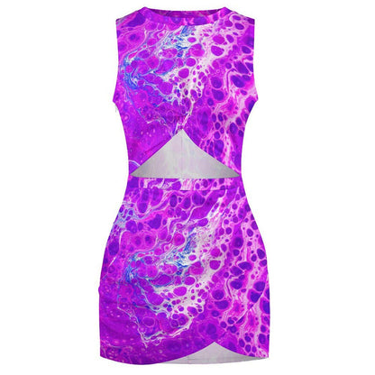 Acrylic Paint Pour Print Cutout Waist Twist Dress - Sleeveless - Artist Fashion - Blue or Purple - Artistic Texture 2026 Trends