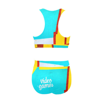 Video Games Crop Top Bikini Swimsuit Set - Coney Island Graphic Print Swim Suit - Swimwear - High Waist Bikini Bottoms - Racerback