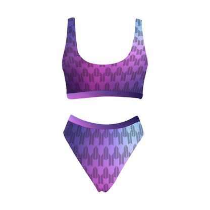 BTS & ARMY Symbols Print Sport Top and High-Waist Bikini Swimsuit Set - K-Pop Inspired Fashion Swimwear - High Cut Leg - Purple - Logos