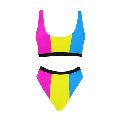 Pan Stripes Sport Top & High-Waist Bikini Swimsuit Set - High Cut Leg - Pride Bathing Suit - Swimwear - Gym Top - Pink Yellow Blue Pansexual Pride