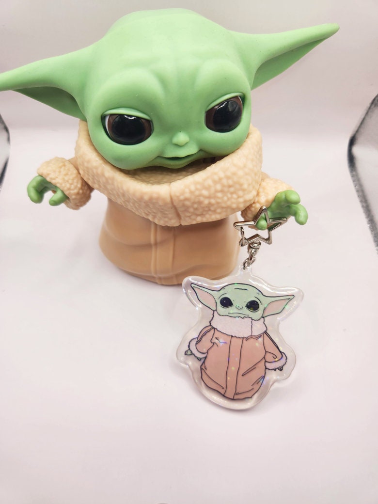 The Child Sparkly Acrylic Keychain w/  Star-Shaped Key Ring 3" Tall - Double Sided - Hologram - Star Wars Grogu Baby Yoda Inspired Bag Charm