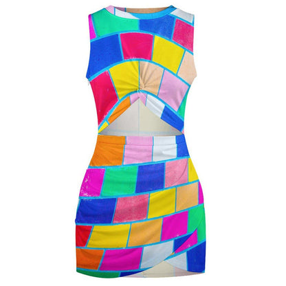 Rainbow Brick Print Cutout Waist Twist Dress - Sleeveless - Colorful 2026 Fashion Trends - Allover Print - Dopamine Dressing