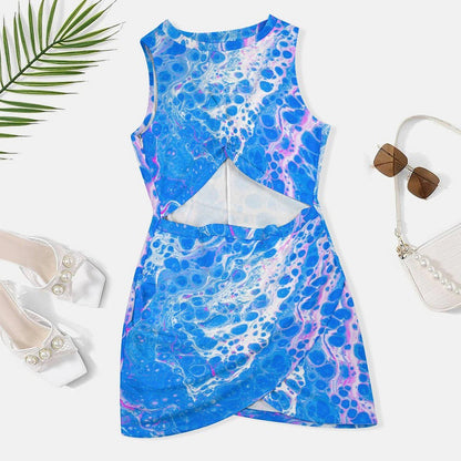 Acrylic Paint Pour Print Cutout Waist Twist Dress - Sleeveless - Artist Fashion - Blue or Purple - Artistic Texture 2026 Trends