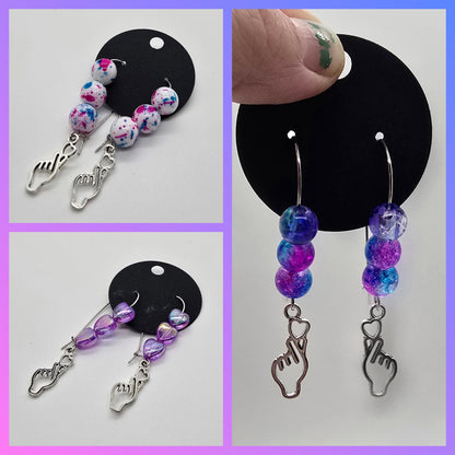 3 Options - K-Pop Finger Heart Dangle Earrings w/ Beaded Loop Earring Hooks - Drop Earrings - Purple Pink Blue White
