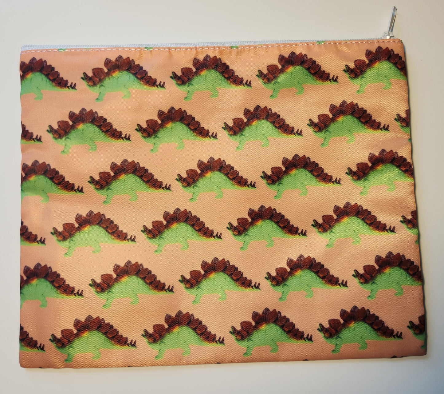 Stego Print XL Zippered Cosmetic or Storage Bag - Dinosaur Makeup Case - Art & School Supplies Organizer - Blue Peach - Stegosaurus