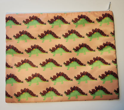 Stego Print XL Zippered Cosmetic or Storage Bag - Dinosaur Makeup Case - Art & School Supplies Organizer - Blue Peach - Stegosaurus