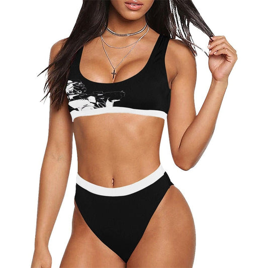 Stormtrooper Stamp Sport Top & High-Waist Bikini Swimsuit Set - Star Wars Inspired Swimwear - Black and White- High Cut Leg - Sexy Geek