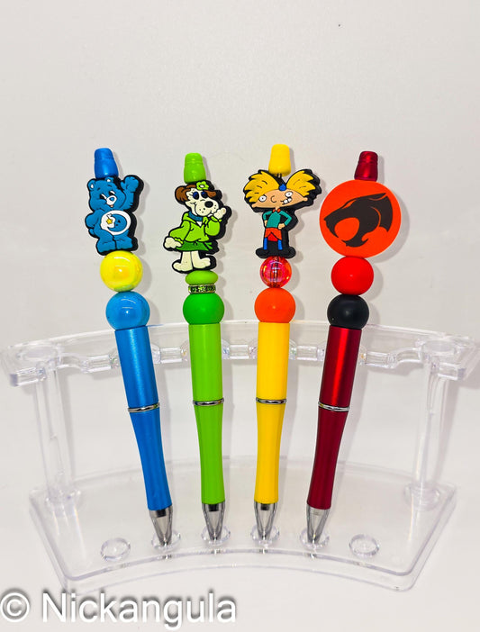 80's & 90's Cartoons Beaded Ballpoint Pen w Black Ink - Silicone Acrylic Beads Plastic Pen - Care Bears Hey Arnold Thundercats Pound Puppies