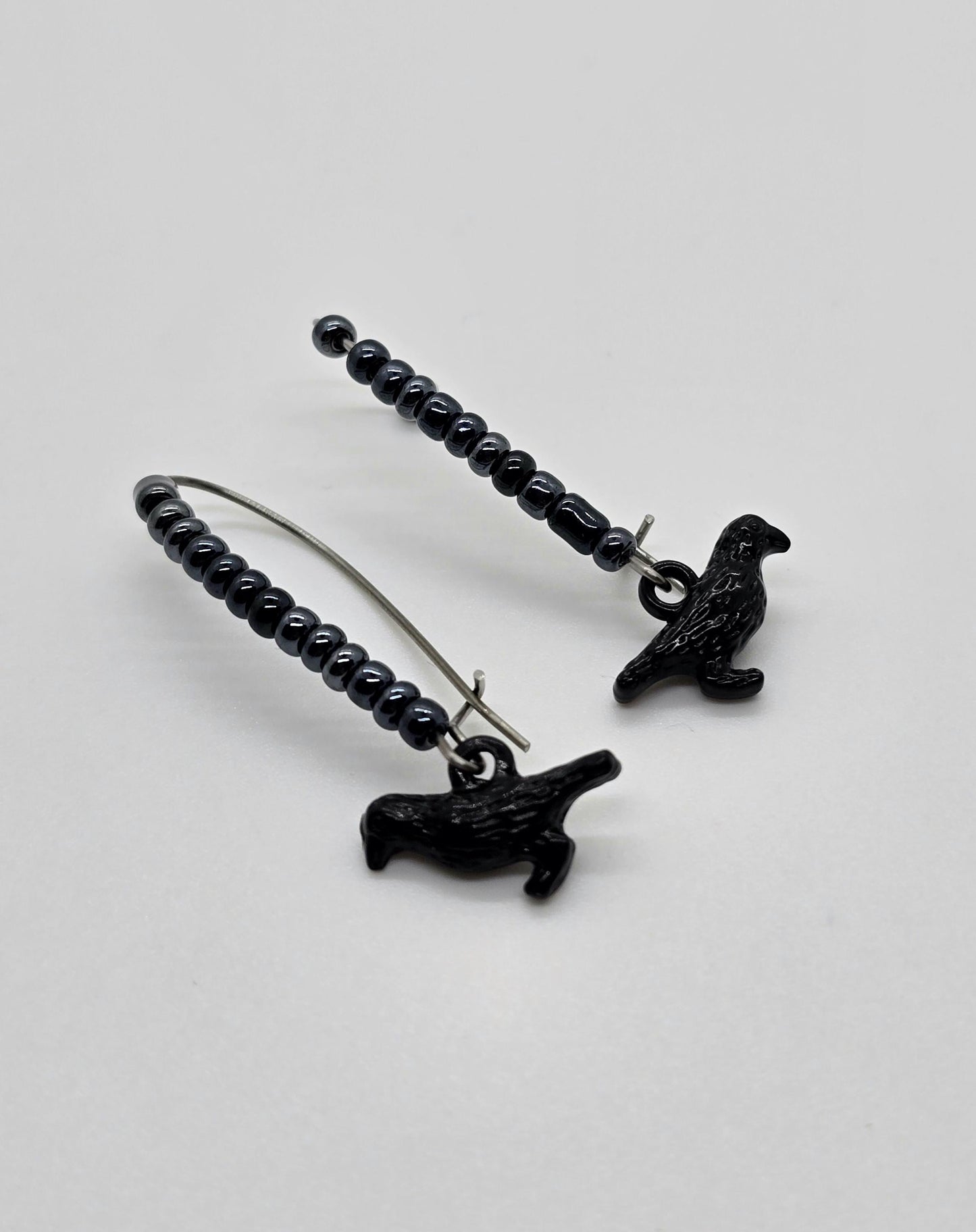 Raven or Crow Charms and Black Seed Beads on Dangle Earrings - Drop Earrings - Kidney-shaped Earring Hooks - Edgar Allan Poe Fan -Nevermore