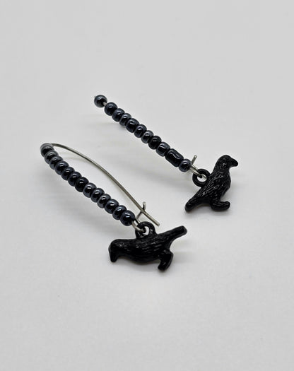 Raven or Crow Charms and Black Seed Beads on Dangle Earrings - Drop Earrings - Kidney-shaped Earring Hooks - Edgar Allan Poe Fan -Nevermore