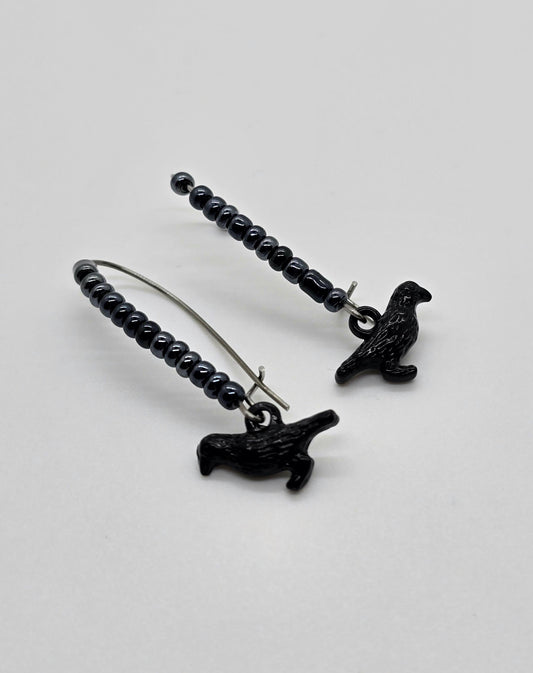 Raven or Crow Charms and Black Seed Beads on Dangle Earrings - Drop Earrings - Kidney-shaped Earring Hooks - Edgar Allan Poe Fan -Nevermore