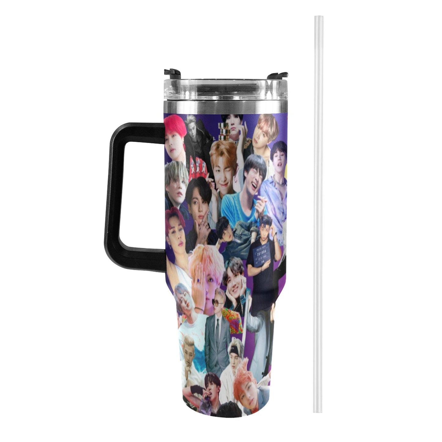 Purple BTS Collage 40 oz Tumbler w/ Handle - Insulated - Hot or Cold - Water Coffee - Travel Mug - Durable Stainless Steel - Straw Included