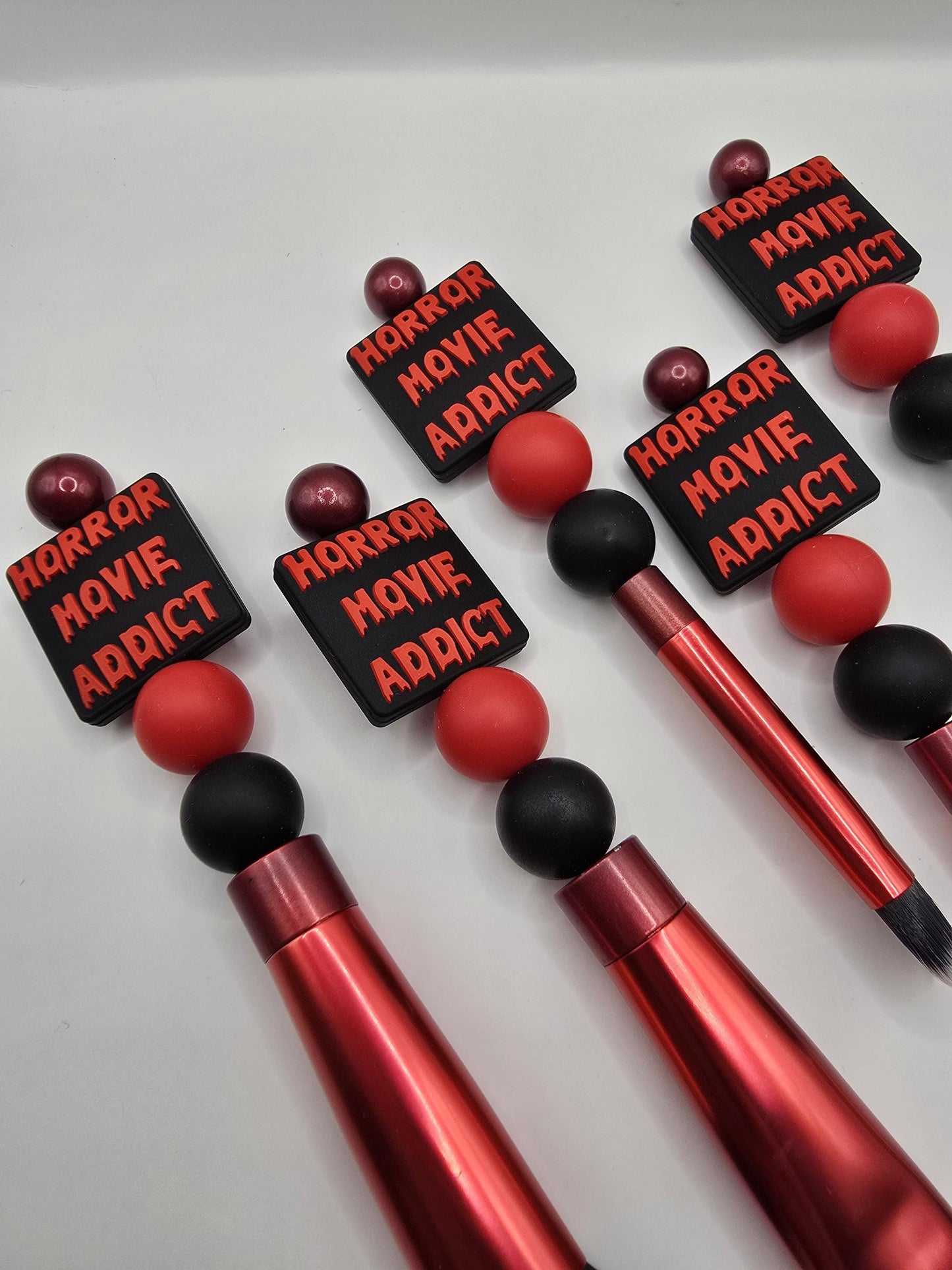 Horror Movie Addict 5 pc Makeup Brush Set - Cosmetic Beauty Tools - Black Red - Beaded - Scary Movies Fan Inspired Brushes Gift Idea