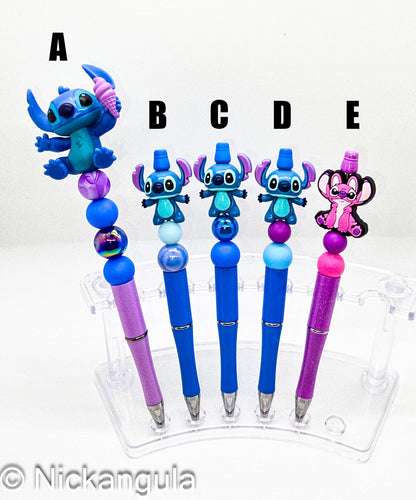 Stitch or Angel Beaded Ballpoint Pens - Cartoon Inspired Character Beadable Pen - Silicone and Acrylic Beads Plastic Pen - Stocking Stuffer
