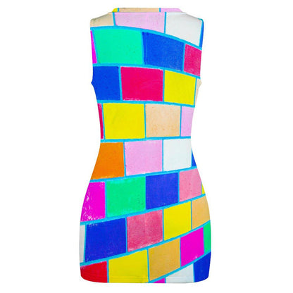 Rainbow Brick Print Cutout Waist Twist Dress - Sleeveless - Colorful 2026 Fashion Trends - Allover Print - Dopamine Dressing