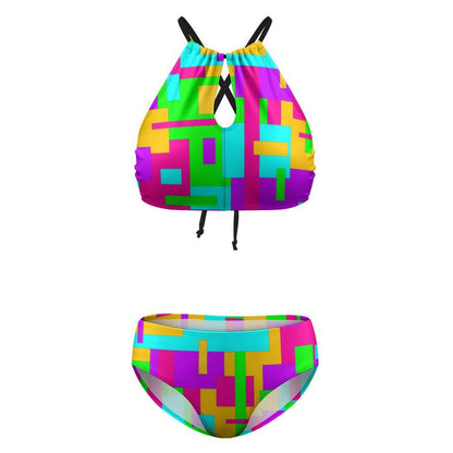 Neon Color Block Print 2 Piece Halter Bikini Swimsuit - Colorful Swimwear - S - 2XL - Tie Back Swim Suit