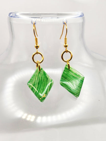 Handmade Small Striped Green, White & Gold Translucent Polymer Clay Diamond Earrings w/ Gold Colored Hooks - Dangly Drop Earrings Ear Wire