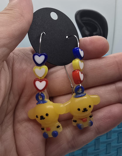 Cute Puppy Dog Silicone Charms on Stainless Steel Kidney-shaped Dangle Earring Hooks - Pompompurin Cute Beaded Drop Earrings Jewelry