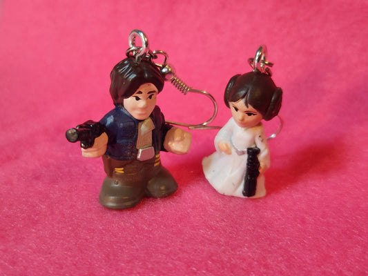 Han & Leia Dangle Earrings - Star Wars Pods Figure Toy Jewelry - Han Solo Leia Organa - Cute Couple Jewelry - Geek Fashion - Upcycled Toys