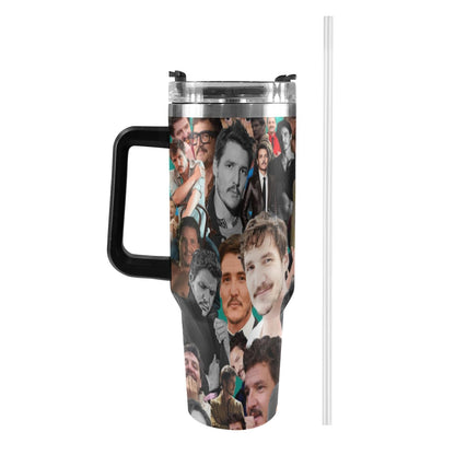 Pedro Pascal Collage 40 oz Tumbler w/ Handle - Insulated - Hot or Cold - Water Coffee - Travel Mug - Durable Stainless Steel - Straw