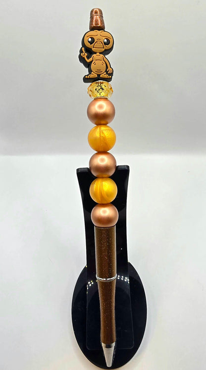 Extra Tall E.T. Beaded Ballpoint Pen - Extra Terrestrial Inspired Beadable Pen - Silicone Beads & Plastic Pen - Brown Glitter - Refillable