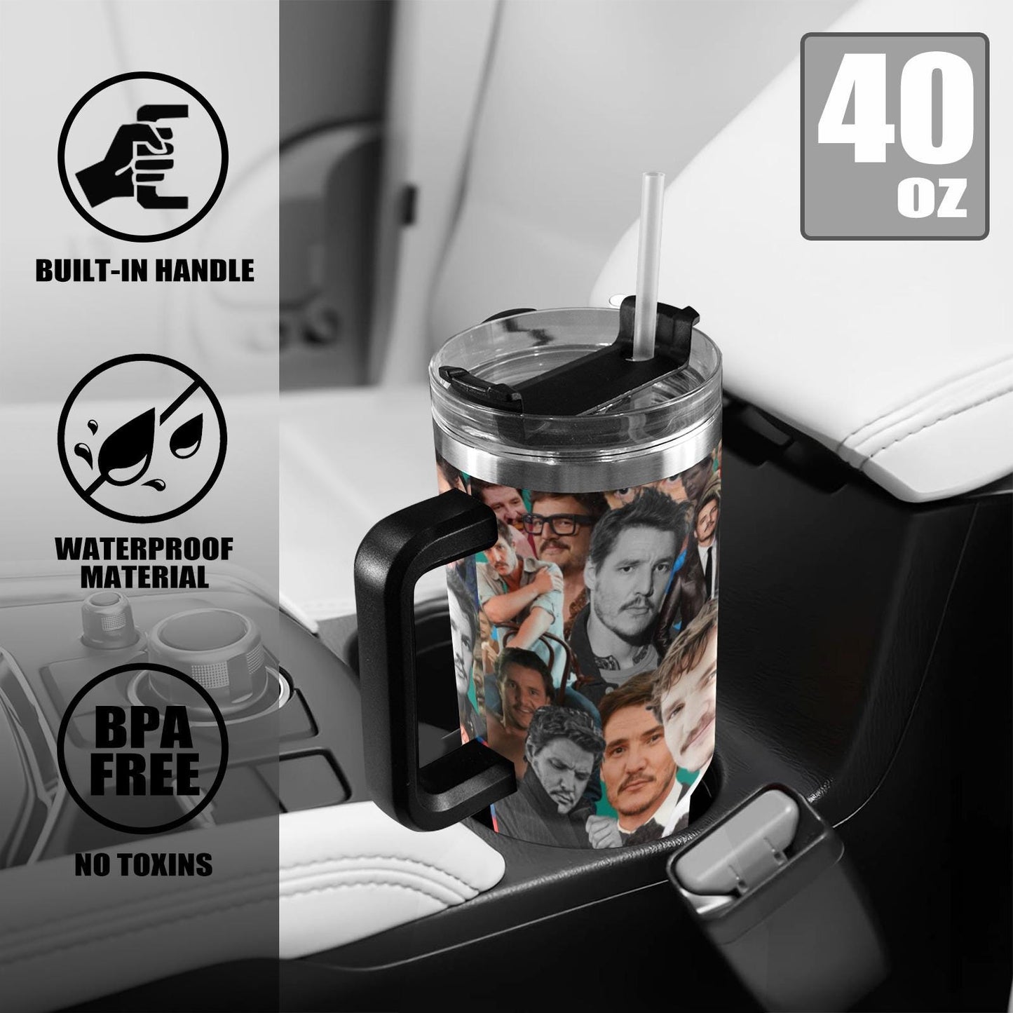 Pedro Pascal Collage 40 oz Tumbler w/ Handle - Insulated - Hot or Cold - Water Coffee - Travel Mug - Durable Stainless Steel - Straw