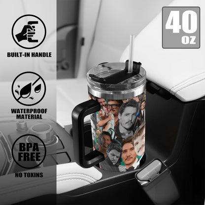 Pedro Pascal Collage 40 oz Tumbler w/ Handle - Insulated - Hot or Cold - Water Coffee - Travel Mug - Durable Stainless Steel - Straw