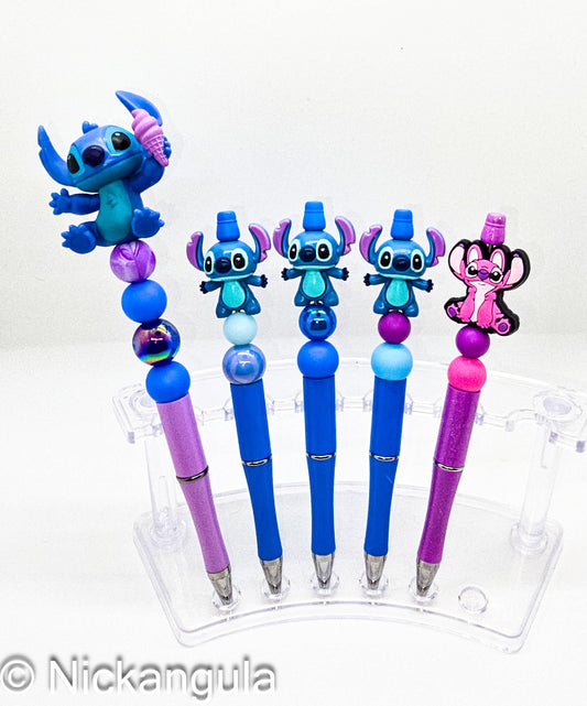 Stitch or Angel Beaded Ballpoint Pens - Cartoon Inspired Character Beadable Pen - Silicone and Acrylic Beads Plastic Pen - Stocking Stuffer