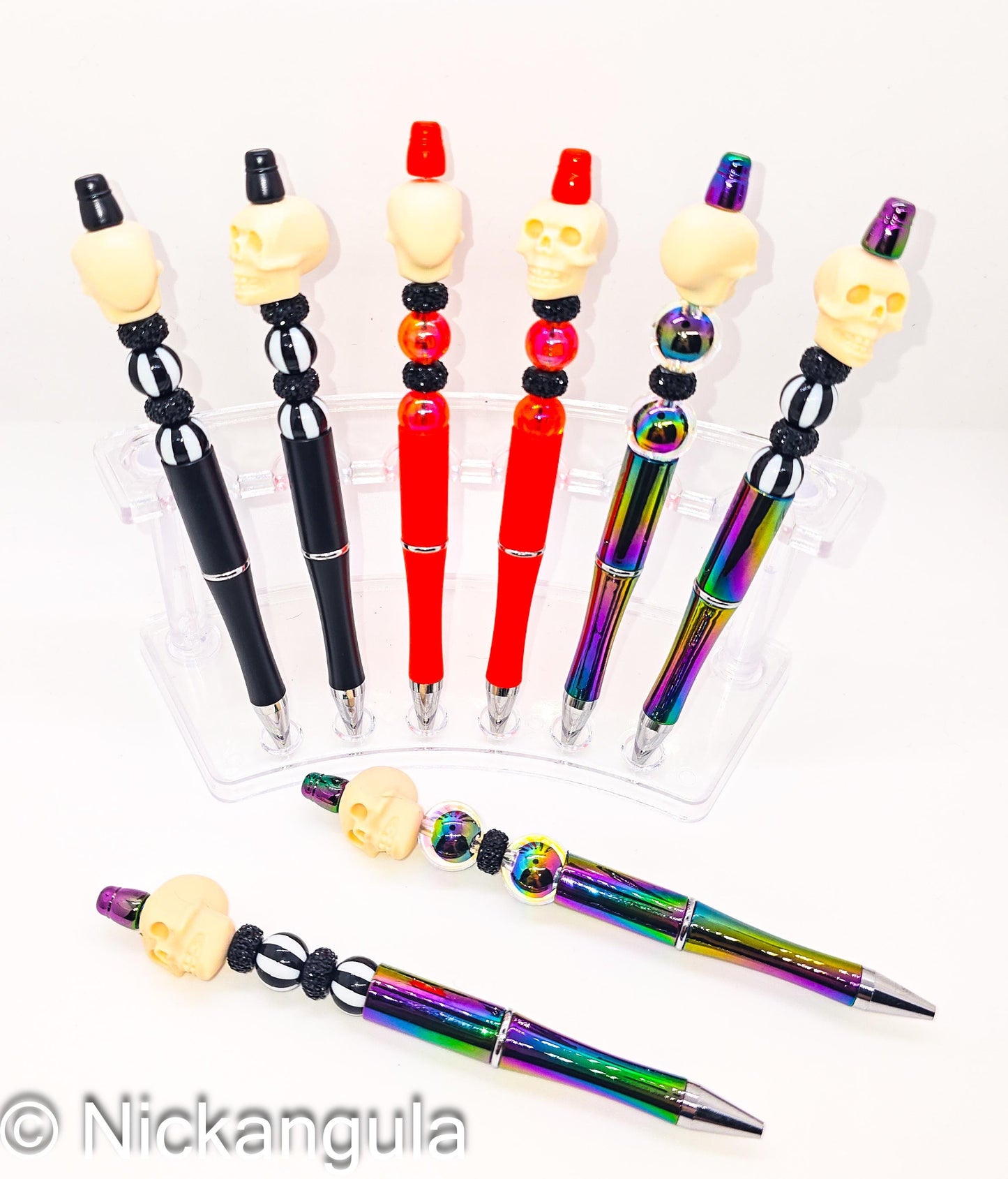 Skull Focal Beaded Ballpoint Pen - Creepy Horror Inspired Pens - Silicone and Acrylic Beads & Plastic Pen - Black Neon Orange Rainbow