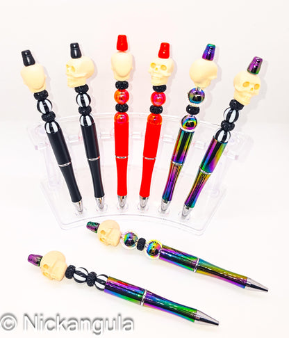 Skull Focal Beaded Ballpoint Pen - Creepy Horror Inspired Pens - Silicone and Acrylic Beads & Plastic Pen - Black Neon Orange Rainbow