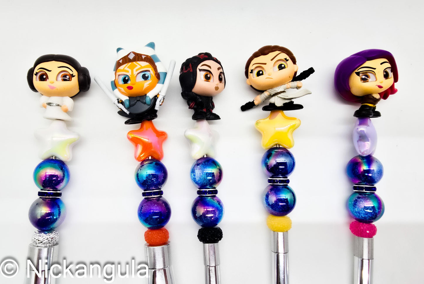 Ladies of The Galaxy 5 pc Beaded Makeup Brush Set - Upcycled Doorables - Star Wars Inspired Cosmetic Brushes - Leia Rey Ahsoka Fennec Sabine