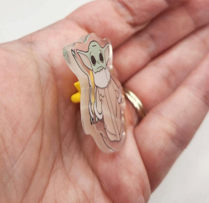 The Child 1.5" Clear Acrylic Pin w/ Yellow Star Silicone Back - Star Wars Grogu Baby Yoda Inspired Accessories - Geek Gift