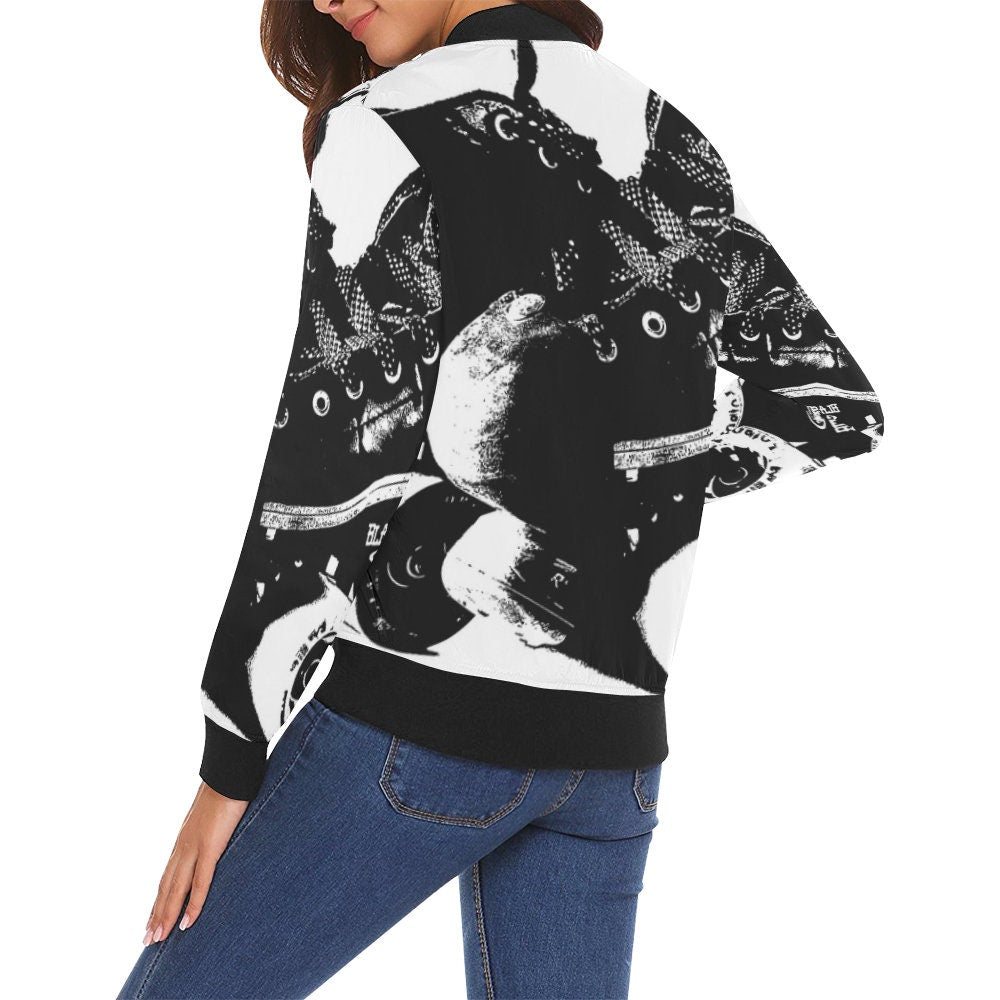 Derby Skates Women's Bomber Jacket w/ Solid Black Cuffs, Collar, & Waist - Roller Derby - Roller Girl - Roller Skating - Chicks in Bowls