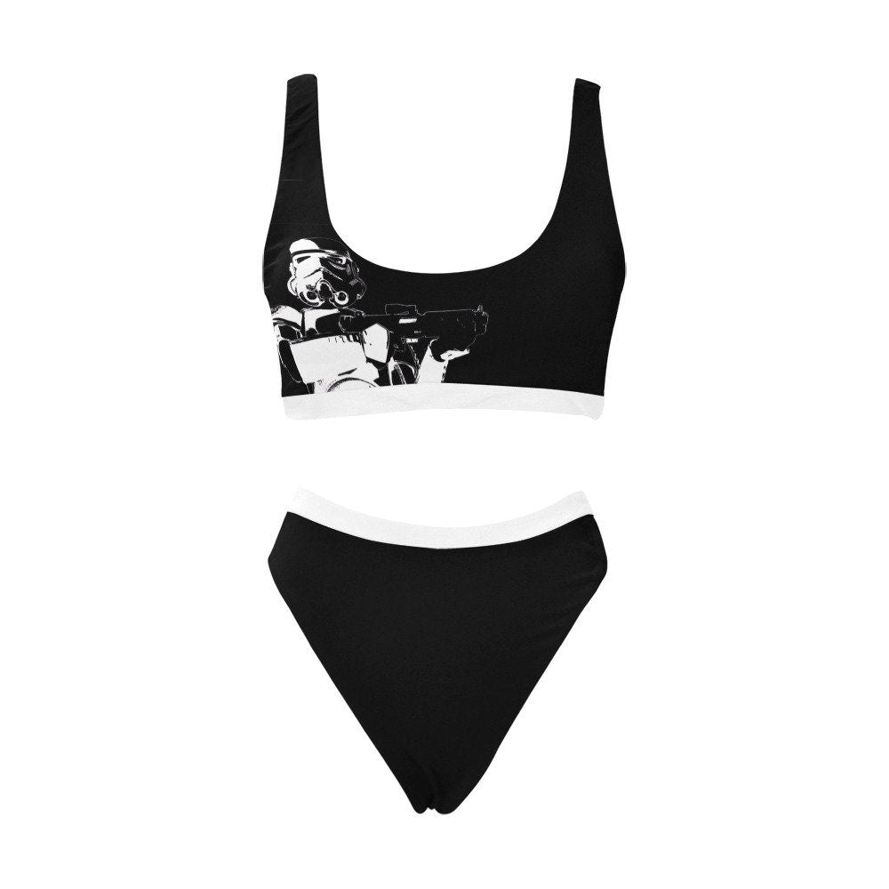 Stormtrooper Stamp Sport Top & High-Waist Bikini Swimsuit Set - Star Wars Inspired Swimwear - Black and White- High Cut Leg - Sexy Geek