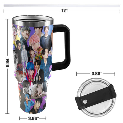 Purple BTS Collage 40 oz Tumbler w/ Handle - Insulated - Hot or Cold - Water Coffee - Travel Mug - Durable Stainless Steel - Straw Included