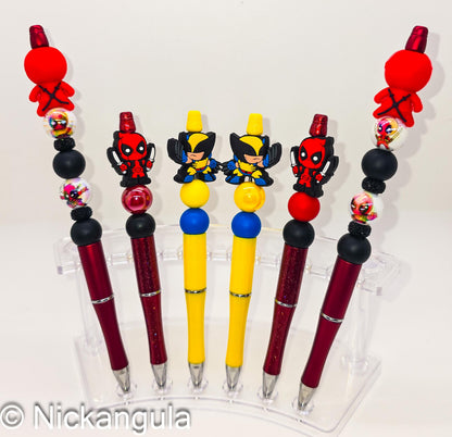 Deadpool Wolverine Beaded Ballpoint Pen w/ Black Ink - Superhero Inspired Gift - Silicone Acrylic Beads & Plastic Pen - Stocking Stuffer